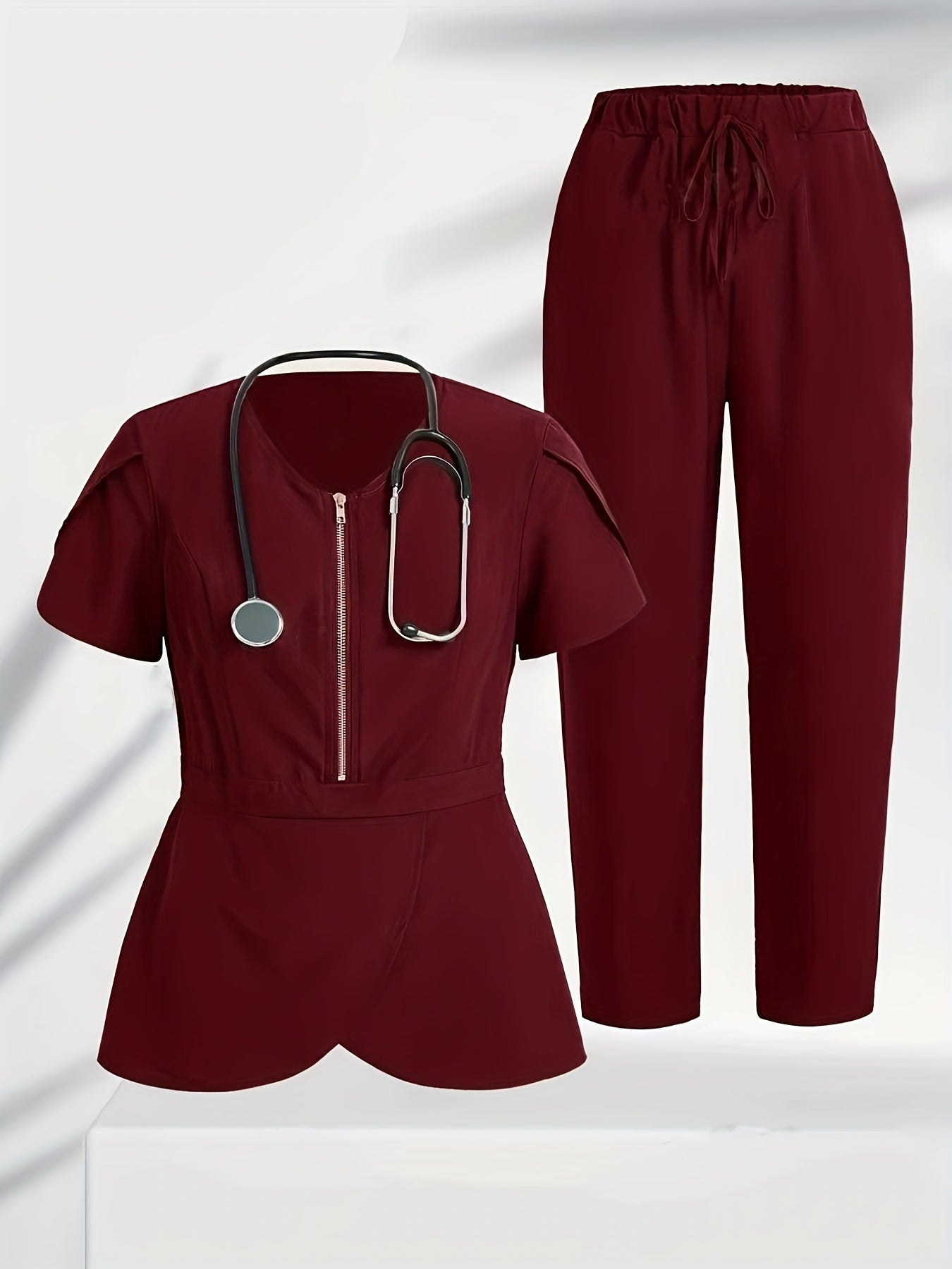 Women's solid color polyester scrub set with collarless design, short petal sleeves, slight stretch fabric, and zipper detail. Perfect for all-season medical nursing uniforms.