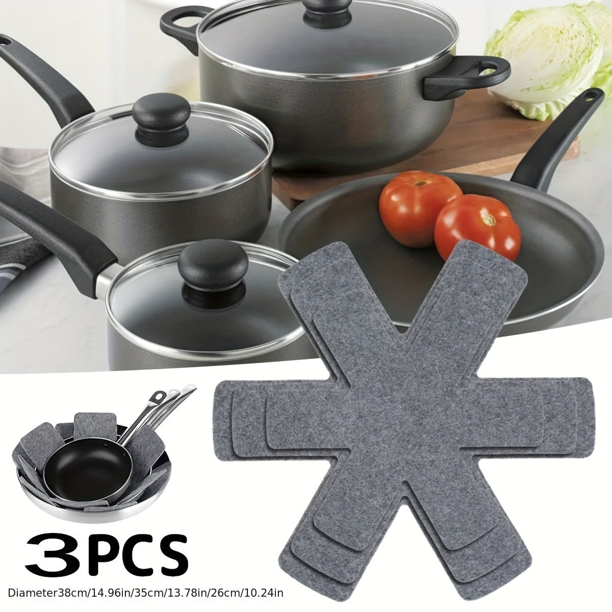 Set of 3 Non-Stick Cookware Protection Pads, Scratch-Resistant Felt Pads for Kitchen Pots and Pans, Long-Lasting Home Cookware Accessories