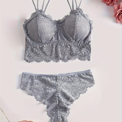 Stylish and sexy sunflower suspender lace underwear set for women, no steel ring, monochrome design.