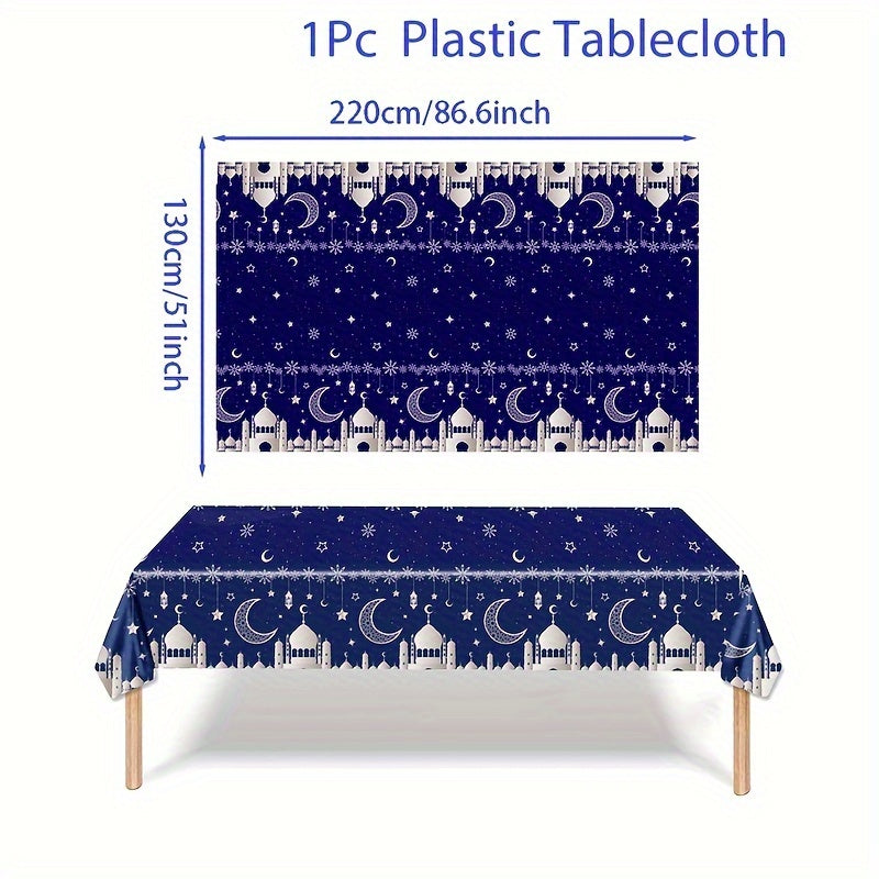 Eid Mubarak plastic table cover for Ramadan parties, 220x130cm, machine-made weave, perfect for Eid Al-Fitr celebrations.