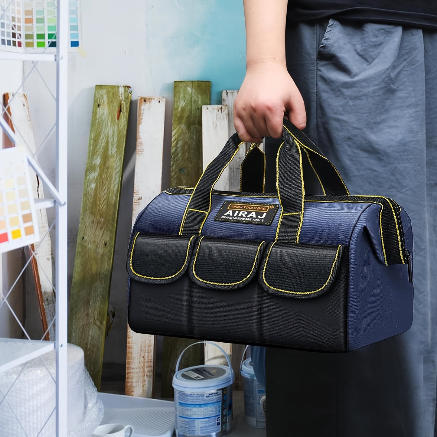 AIRAJ offers tool bags in sizes 33.02 cm, 40.64 cm, and 45.72 cm. Made of durable Oxford cloth, these electrician tool bags have multiple pockets and waterproof storage, making them ideal