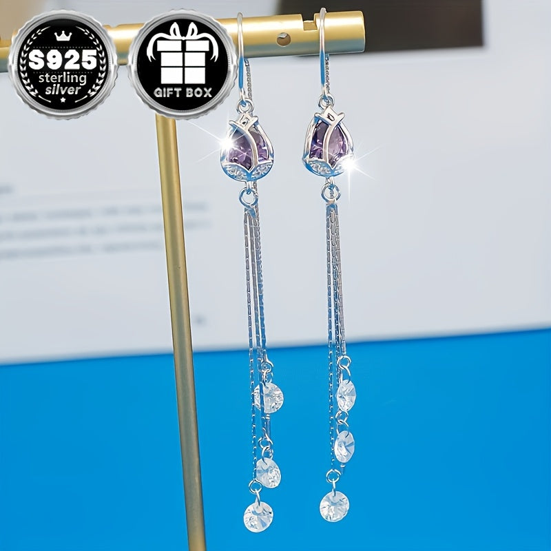 Vana Classic Simple Style 925 Sterling Silver Pendant Earrings featuring Synthetic Amethyst Cubic Zirconia, Untreated - 2PC Set, Total Weight 3.8g. Perfect for Wedding, Party, or Everyday Wear - Comes in Gift Box.