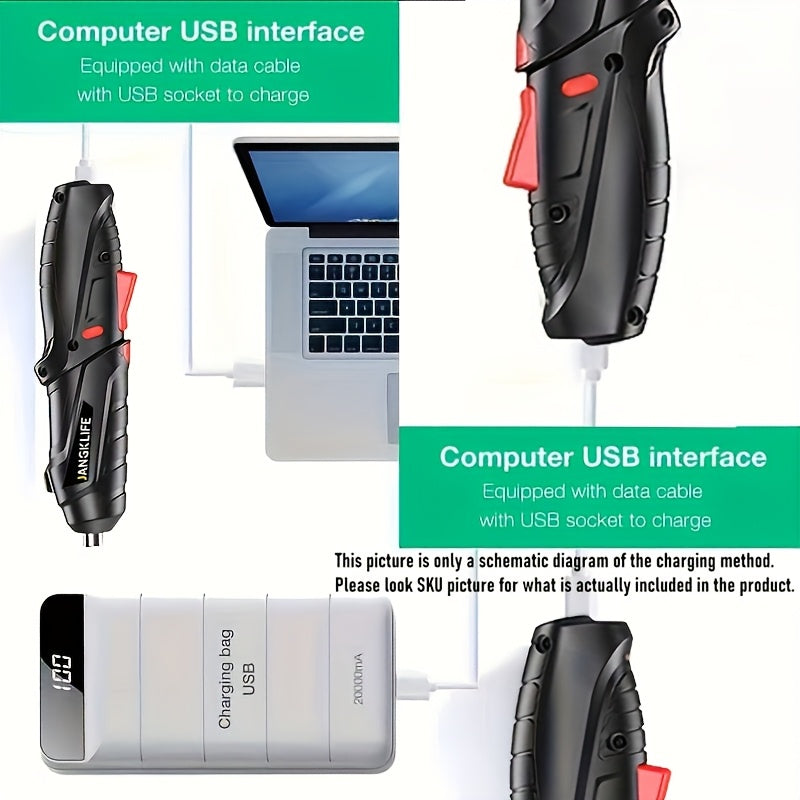 27-piece small hand-held electric screwdriver set with 90-degree rotatable, foldable hand drill screwdriver bits.