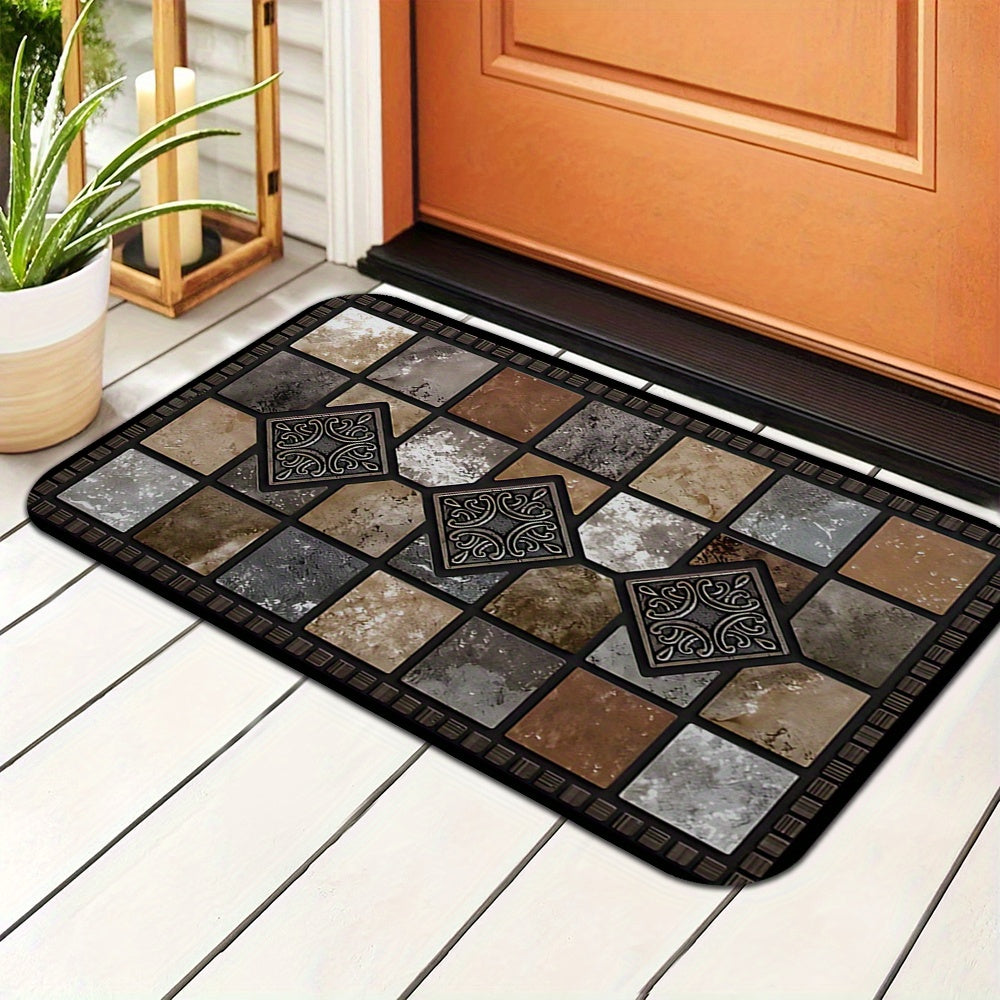 Welcome guests with this durable, non-slip washable polyester fiber doormat featuring a redstone and tile pattern. Perfect for entryways, gardens, and living spaces, this machine washable rug comes in multiple sizes to suit your needs. Add a farmhouse