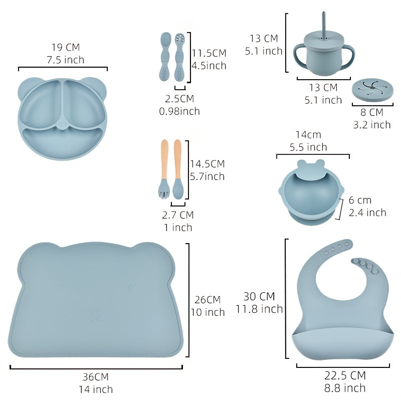 Силиконовый набор для кормления детей из 10 предметов для детей от 0 до 3 лет включает в себя нескользящую тарелку, миску, нагрудник, поильник с трубочкой, ложку, вилку и многое другое.