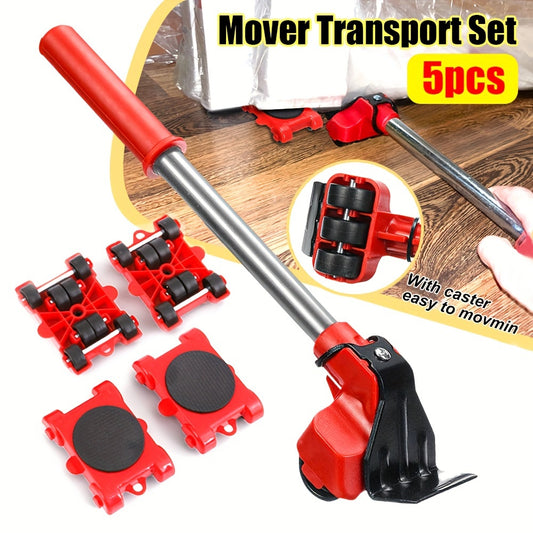 5-piece set of heavy duty furniture lifter mover rollers with wheel bar for easier furniture moving.