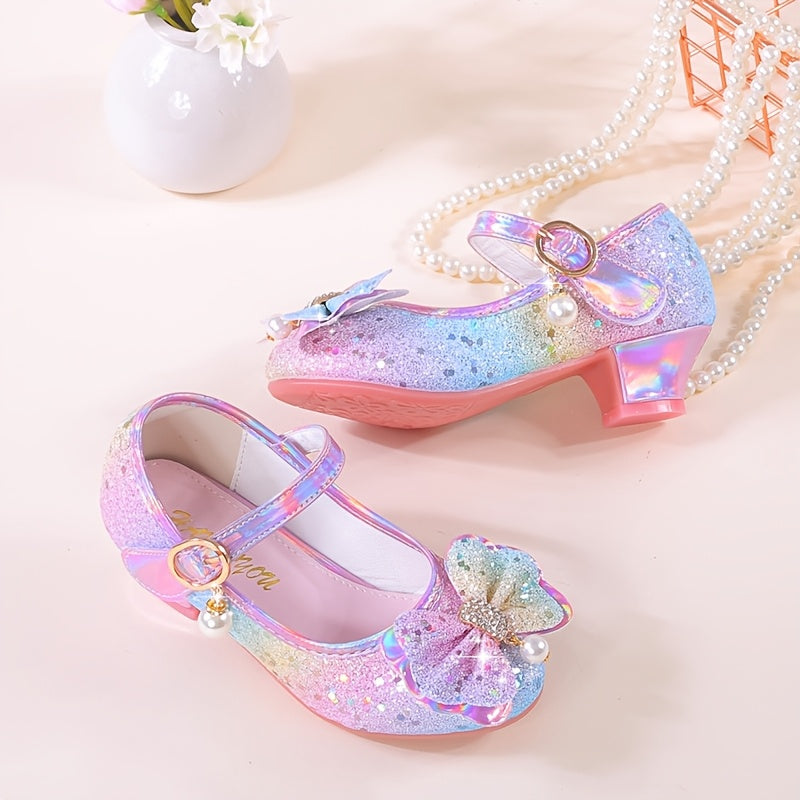 Girls' Sparkly Sequin Princess High Heels with Cute Bowknot Design, Glittery Pastel Colors, Magic Tape Closure, Lightweight Synthetic Upper & Rubber Sole - Ideal for Parties, Performances