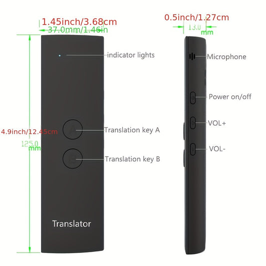 Compact portable device translates 69 languages in real-time with 2-way voice translation.