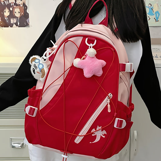 Women's pink Minnie Daisy printed backpack, made of lightweight polyester and canvas material.