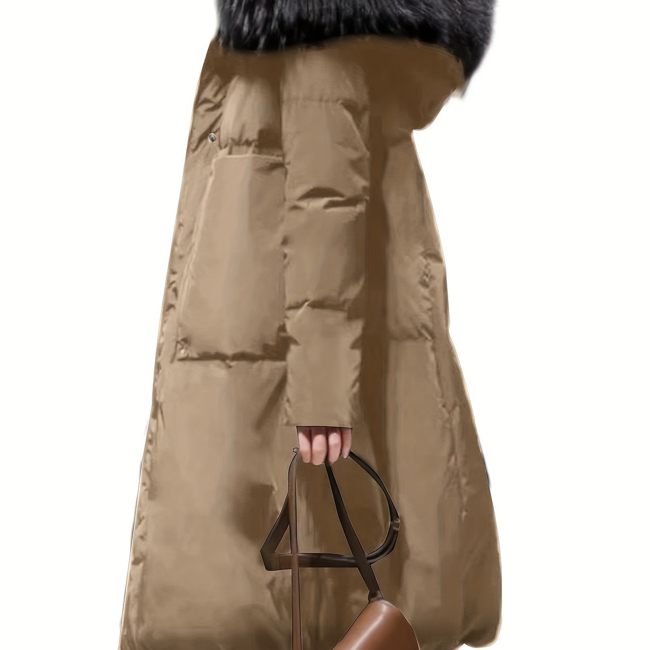 Winter fashion long coat with hood, made of 100% polyester, solid color, warm outerwear with faux fur trim, zip-up closure.