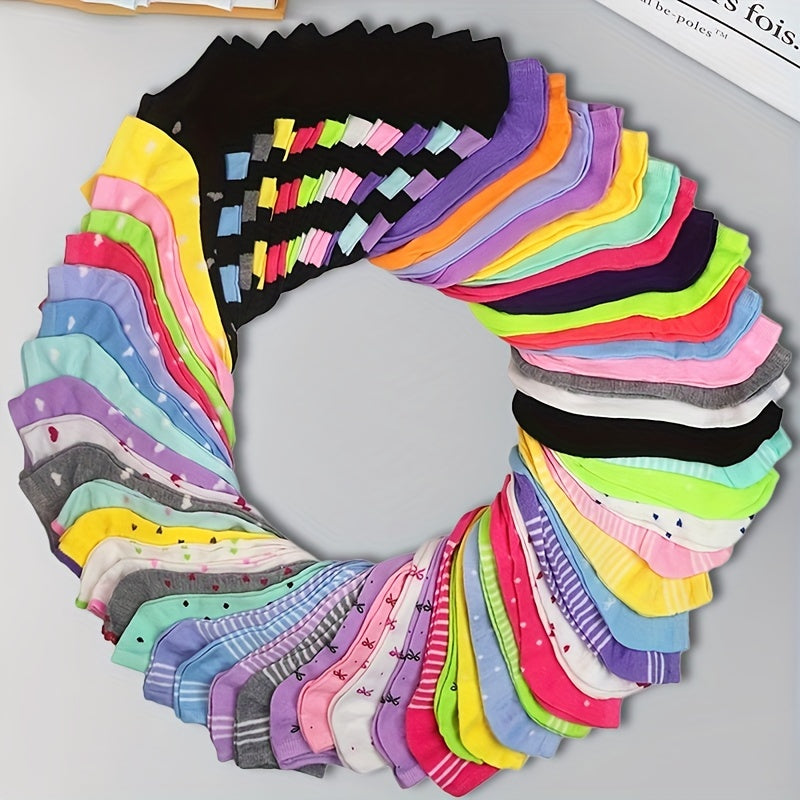 20 pairs of comfortable, soft low-cut women's socks with heart, bow, and stripe print in rainbow colors for all seasons.