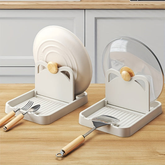 Pot Lid Holders - A convenient solution for organizing kitchen pot lids. This household pot lid shelf can be placed on any table top, offering a multifunctional vertical foldable holder. Additionally, it can also be hung on the wall to store spoons and