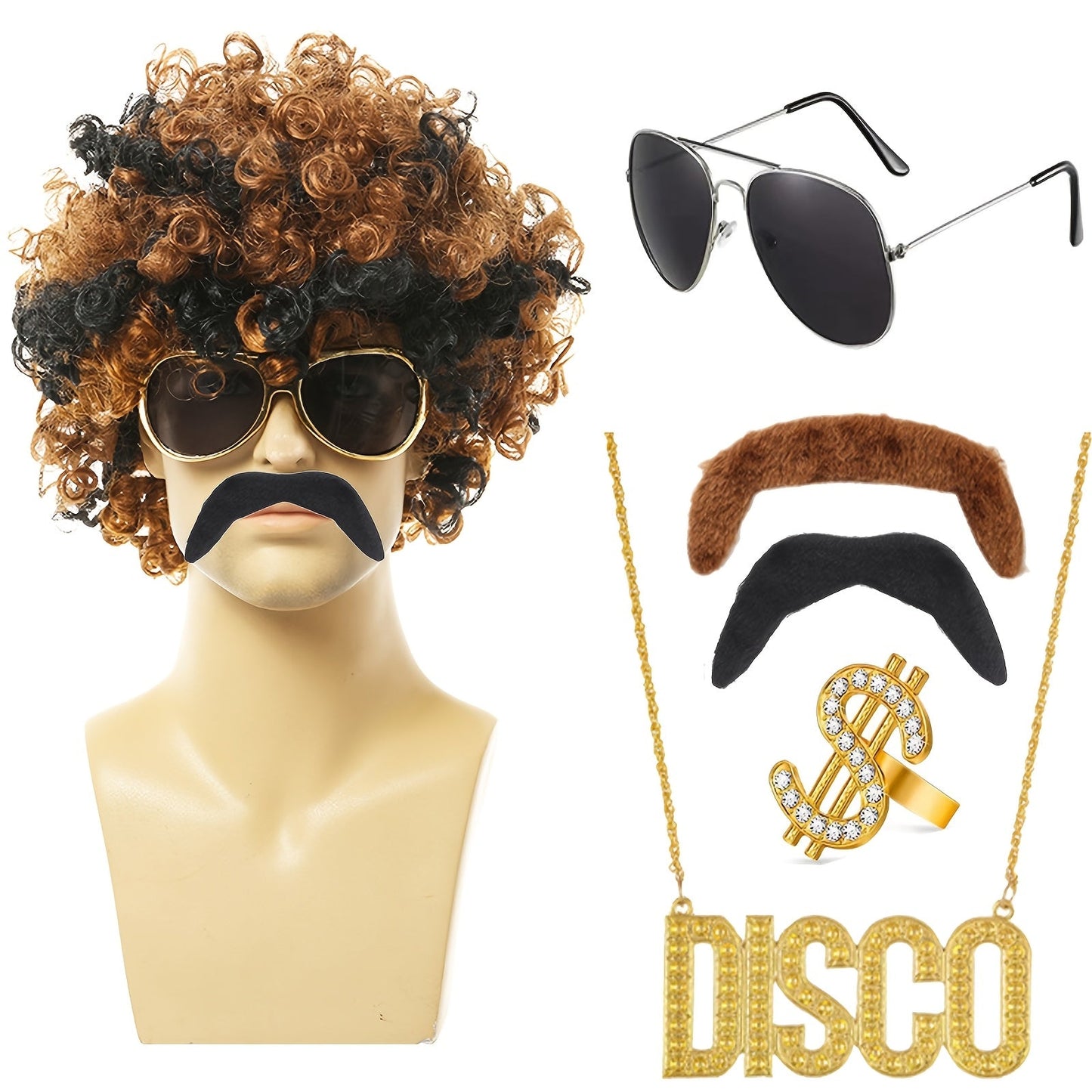 6-piece set of 70s 80s Disco Wig Costume Set features Disco Hippie Short Curly Wig, Disco Fashion Glasses, Moustache, and Faux Golden Chain Necklace perfect for Disco Men Party or Halloween Party Dressing Up.