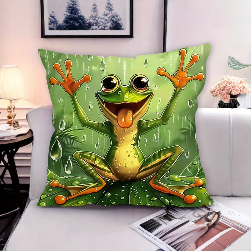 Decorate your home, office, or party with this 45.72x45.72 cm Modern Abstract Frog in Rain Design Throw Pillow Cover. Made of soft, machine washable polyester with a convenient zipper closure, this frog pillow is comfortable and suitable for various