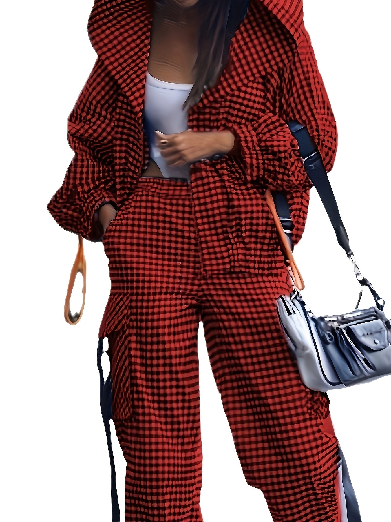 Casual gingham pantsuit for women, with lapel collar and zipper details, made of 100% polyester woven fabric, ideal for fall/winter.