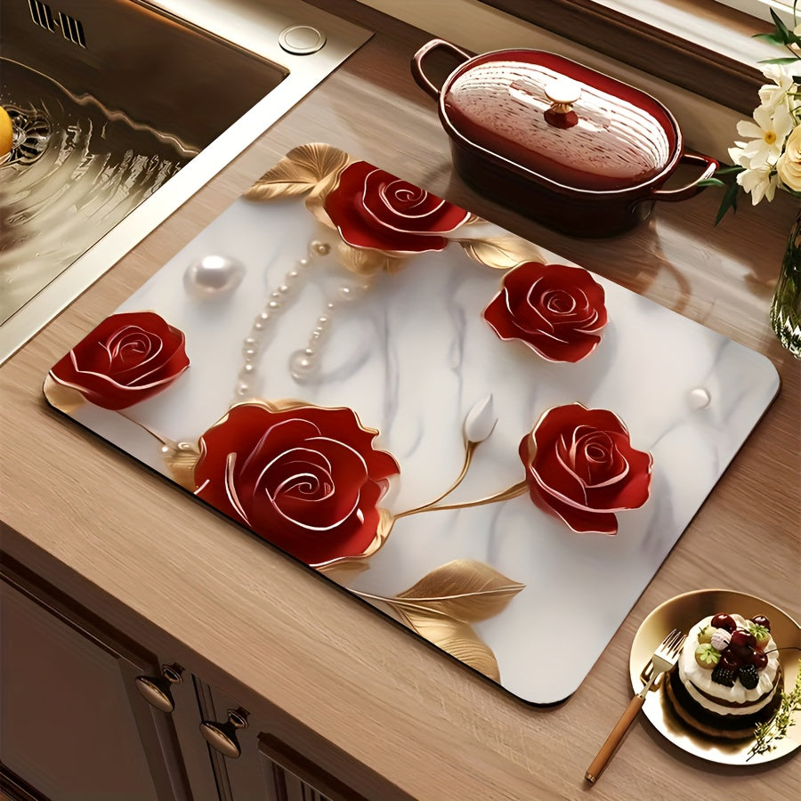 Polyester Kitchen Mat with Festive 3D Rose Design - Anti-Slip, Quick-Dry Tableware Drying Pad - Perfect for Christmas, Halloween, Thanksgiving - Protects Your Home Decor and Desk, Great for Pets