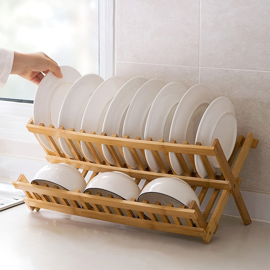 Bamboo Dish Rack with Foldable Design - Kitchen Plate Drying Rack for Dishes and Bowls - Space-Saving Storage (16/20 Grids)