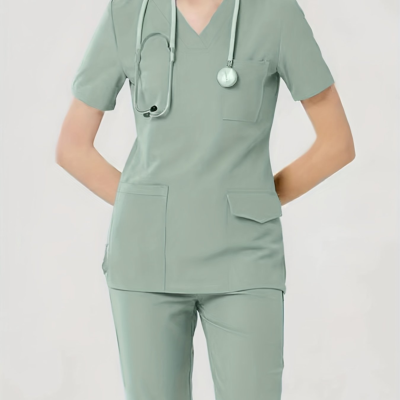 Women's Health Care Uniform Set: Cozy V-neck Top with Pockets and Solid Pants