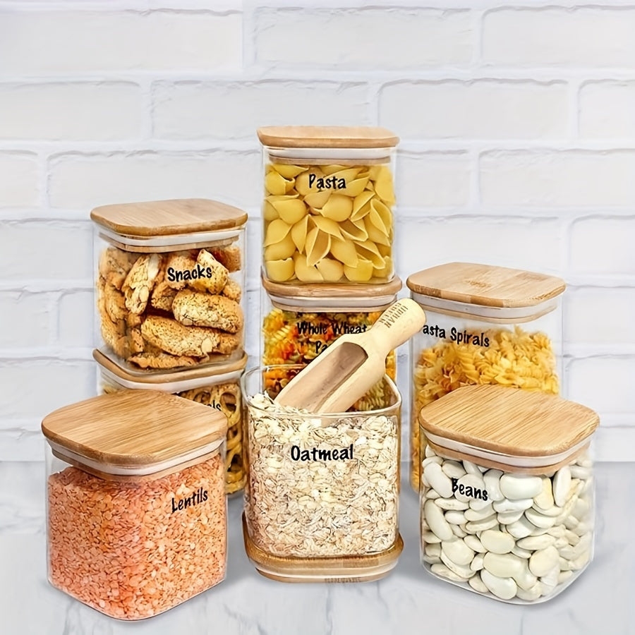 12 glass spice jars with bamboo lids, airtight and reusable for kitchen storage and organization. Includes waterproof labels.