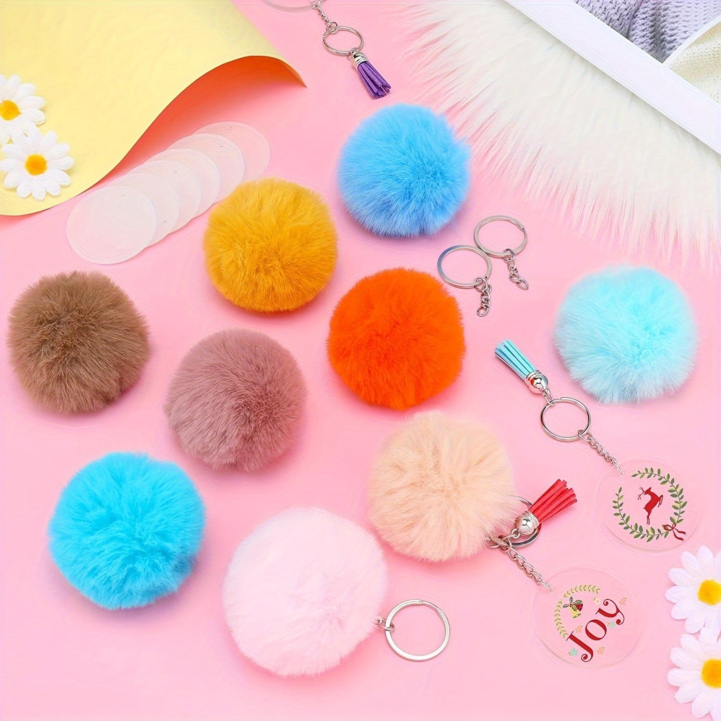 Fifty pieces of brand new imitation lazy rabbit plush pom-poms with key chains, featuring fluffy artificial fur and perfect for DIY jewelry accessories. These bag pendants are ideal for women and girls.