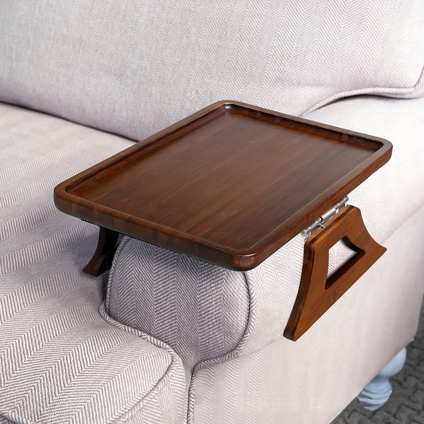 Contemporary Clip-On Arm Tray Table for Wide Couches - Made of Durable Hardwood with Natural Finish - Portable Side Table with Easy Access Clamp - Perfect for Snacks and Devices - Versatile Design to Fit Over Sofa Armrests.