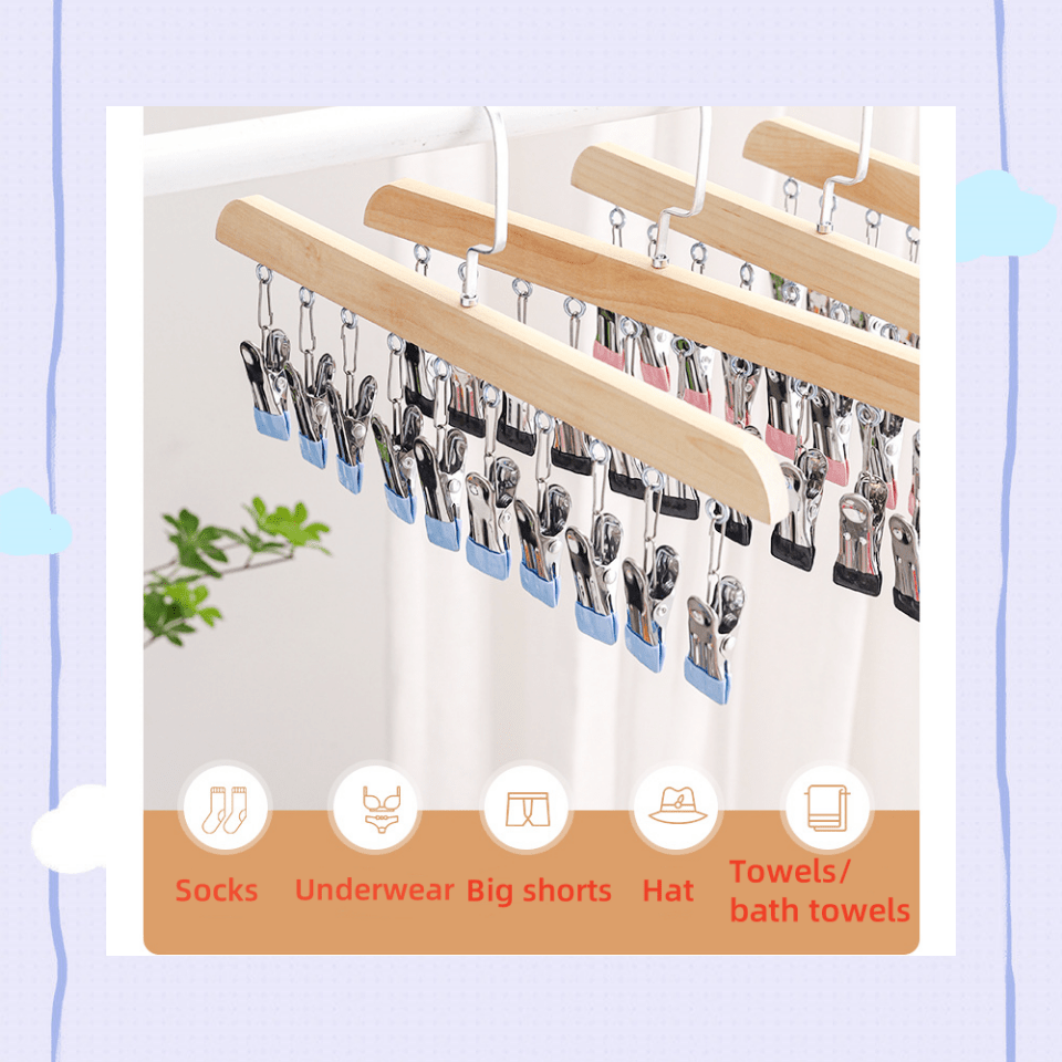 Wooden hanger and hat rack with 10 stainless steel clips for organizing underwear, ties, bras, scarves, belts, and more in the bathroom, bedroom, closet, wardrobe, or home storage.