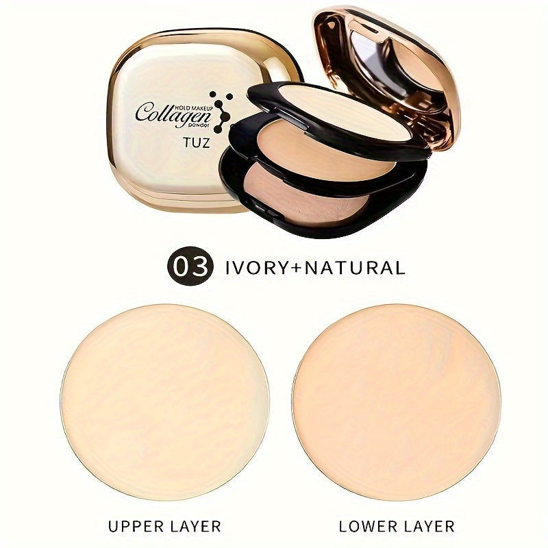 TUZ Collagen Double-Layer Pressed Powder Compact with Matte Finish, Silk Texture, Mirror, Powder Puff, and Plant Squalane