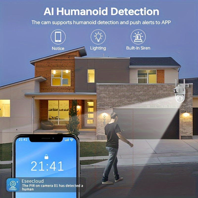 Ikki 4MP Dual Lens simsiz xavfsizlik kamerasi, AI aqlli ogohlantirishlar va ikki tomonlama audio, 2.4G/5G WiFi va to'liq rangli tungi ko'rish imkoniyatlari bilan. USB quvvatlanadi va TF/Cloud saqlash bilan mos keladi.