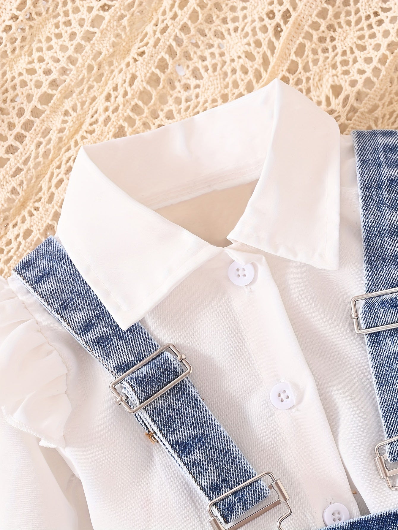 Toddler white long sleeve shirt with denim overalls skirt set for Spring/Fall outdoor wear.