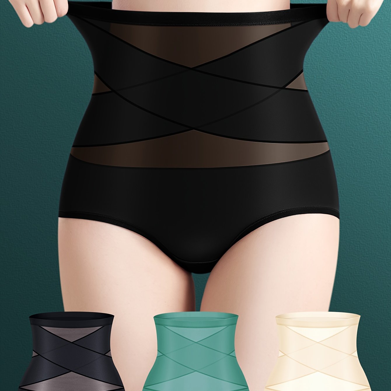 3pcs High Waist Shaping Panties with Contrast Mesh, Tummy Control Compression for Buttocks Lifting and Shaping, Women's Underwear and Shapewear