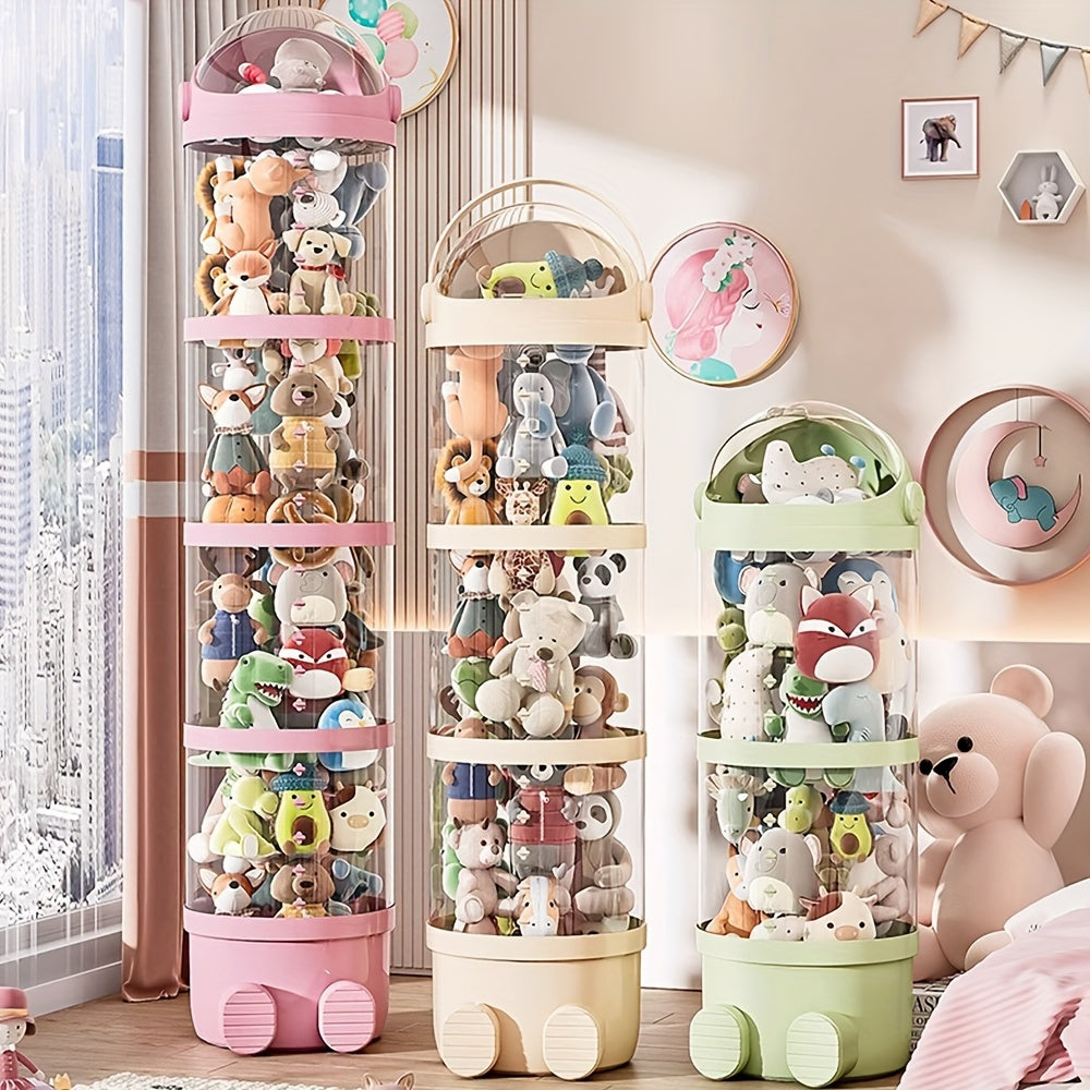 Acrylic doll storage organizer with multi-layer transparent display stand. Round flip design, waterproof plastic material. No power required. Ideal for plush toys and puppets, home and kitchen decor.