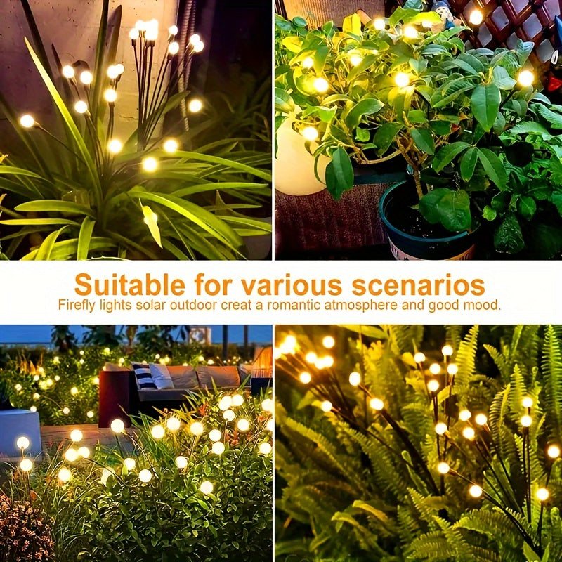 Solar LED firefly lights for outdoor garden decoration, ideal for parties, weddings, and landscapes. Available in packs of 4, 8, or 12 LEDs.