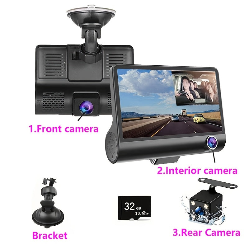 Dual dash cam with front and rear HD night vision, interior camera, suction mount, 720p video, push button control, rechargeable battery, universal driving position, laptop compatible.