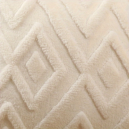 Cream white Bohemian faux fur pillow cover with geometric pattern, zipper closure, soft and fluffy, ideal for sofa, bedroom, and car decor. Does not include pillow insert.