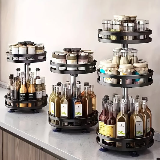 Rotating organizer for tableware, makeup, and spices to save space on countertops with non-slip design.