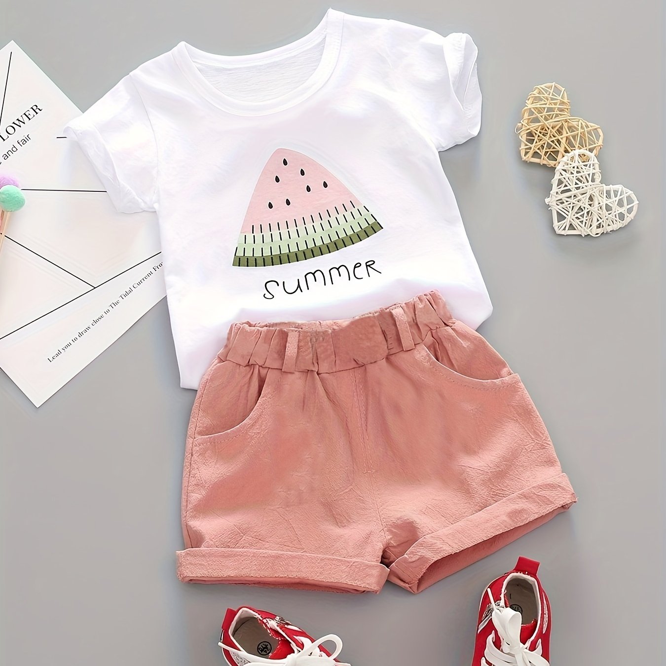 Baby girls summer 2-piece cotton set with watermelon pattern tee and casual shorts.