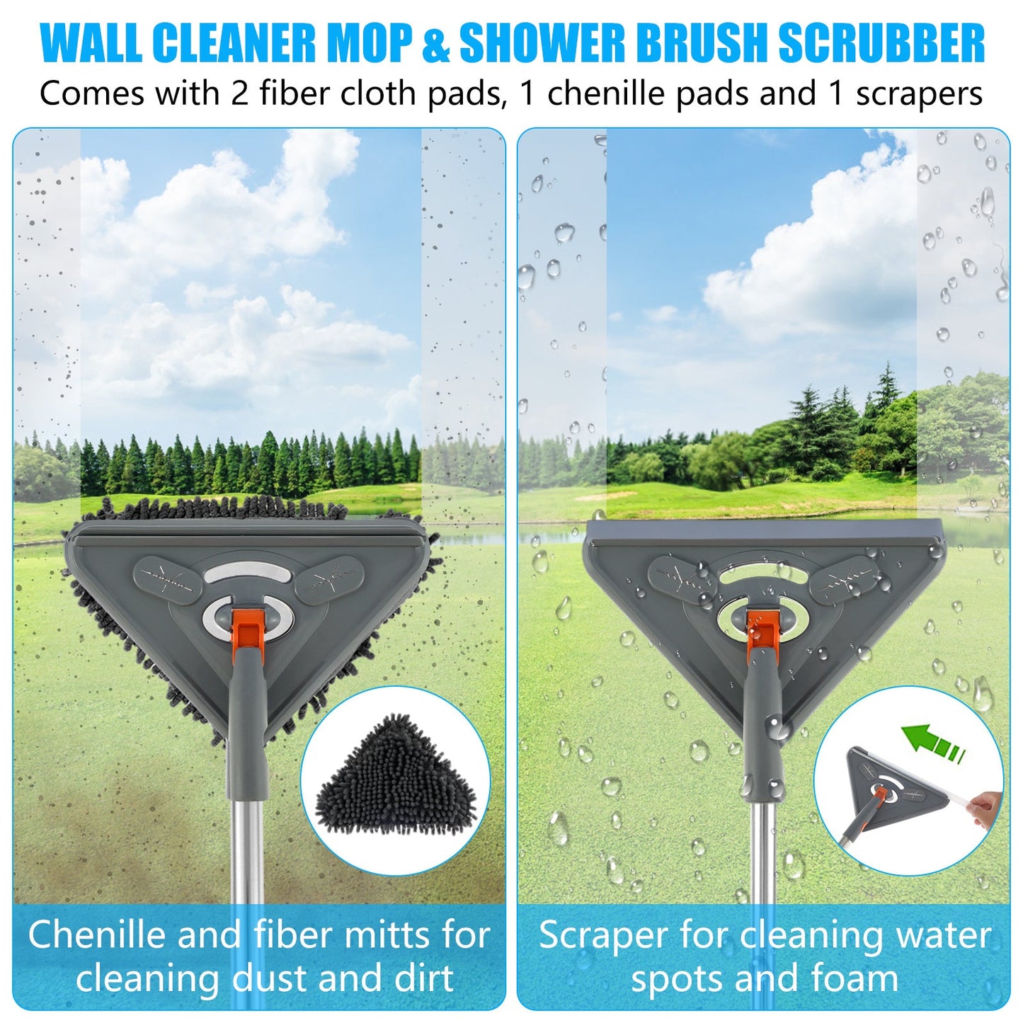 Get the 1pc BUSIZH Wall Cleaner Mop with an extendable 215.9cm handle, a triangle-shaped head, 360° rotation, and adjustable ceiling & wall cleaning capabilities. This tool comes with a baseboard mop, 2 fiber cloth pads, 1 chenille pad, and scraper for