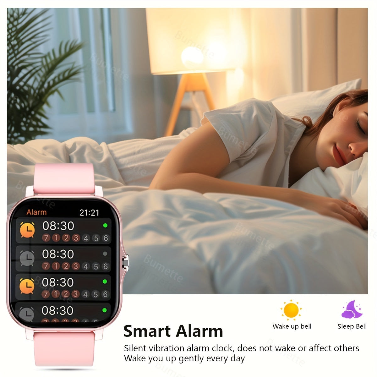 Wireless smartwatch with sports modes, call reminders, message notifications, app alerts, customizable wallpaper, and compatibility with iPhone and Android.