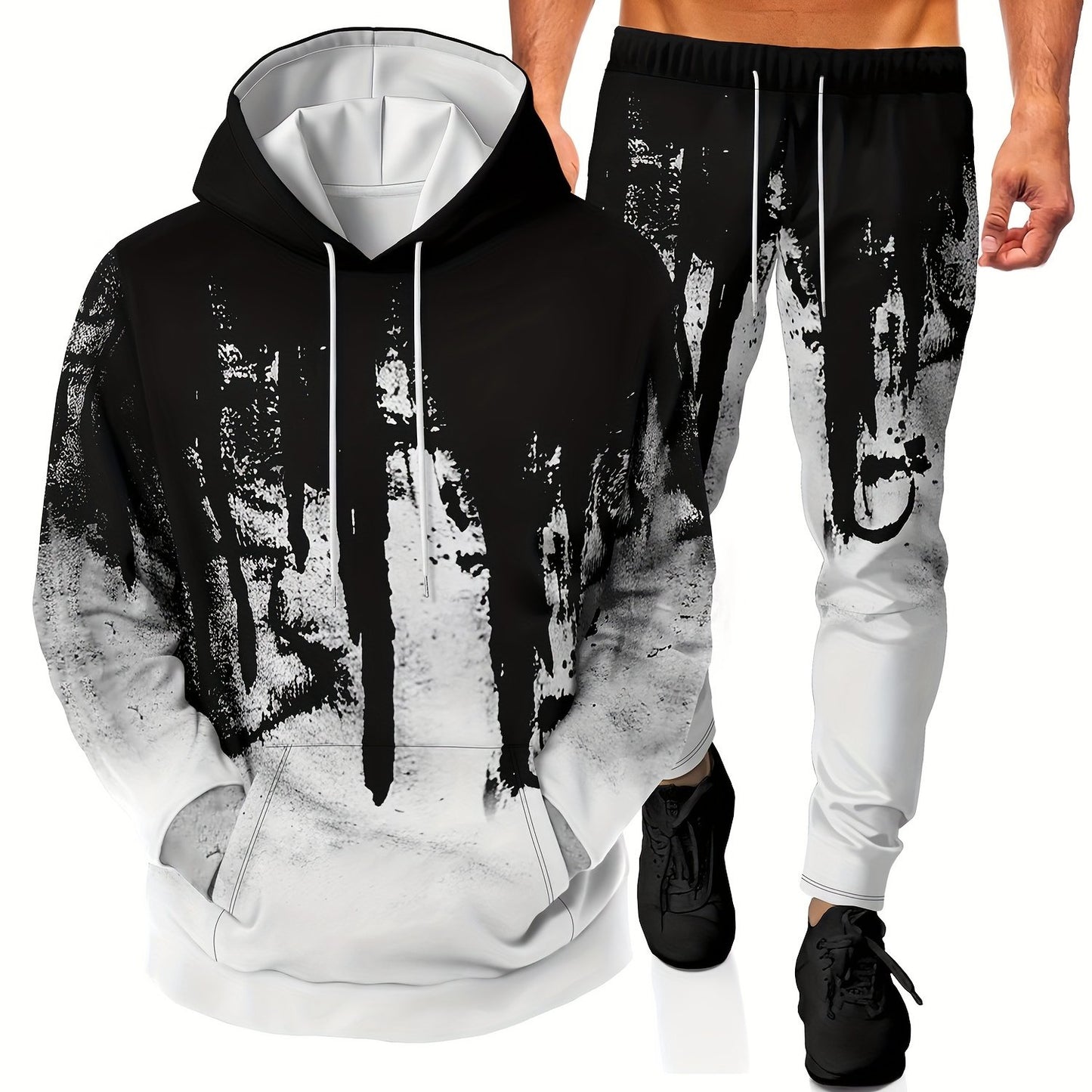 Men's casual hoodies and drawstring pants set featuring 3D graphic print, Men's novelty pajamas loungewear set.