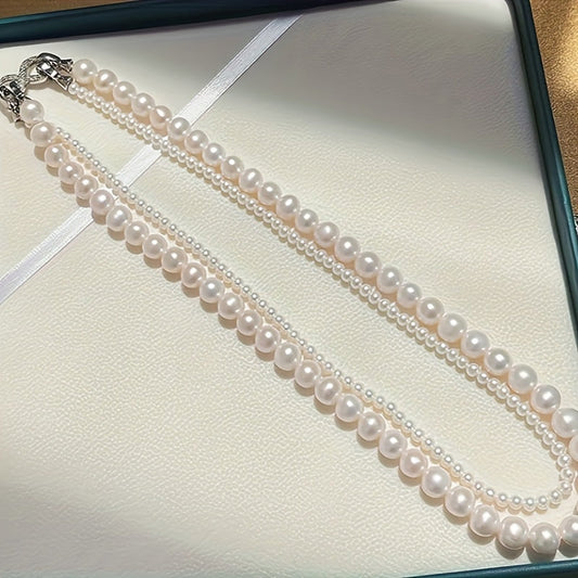 Women's Summer Fashion Double Layer Freshwater Pearl Necklace, Bohemian Style Clavicle Jewelry, Perfect Vacation Accessory for All-Season Wear. Great Gift Idea for Mardi Gras Celebration!