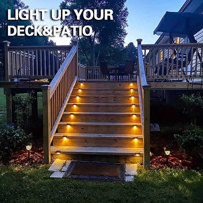 8 outdoor solar deck lights for stairs, fences, patios, gardens, and pathways. Features light sensor, removable fixture, and 600mAh nickel battery.