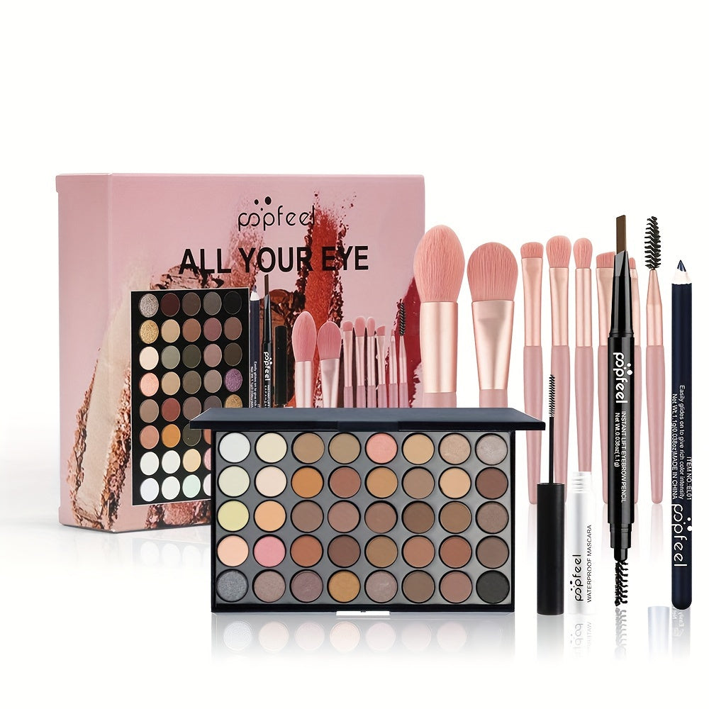 POPFEEL Eye Makeup Set including 40 Color Eyeshadow Palette, Mascara, Eyebrow Pencil, Eyeliner, and 8 Brush Set.