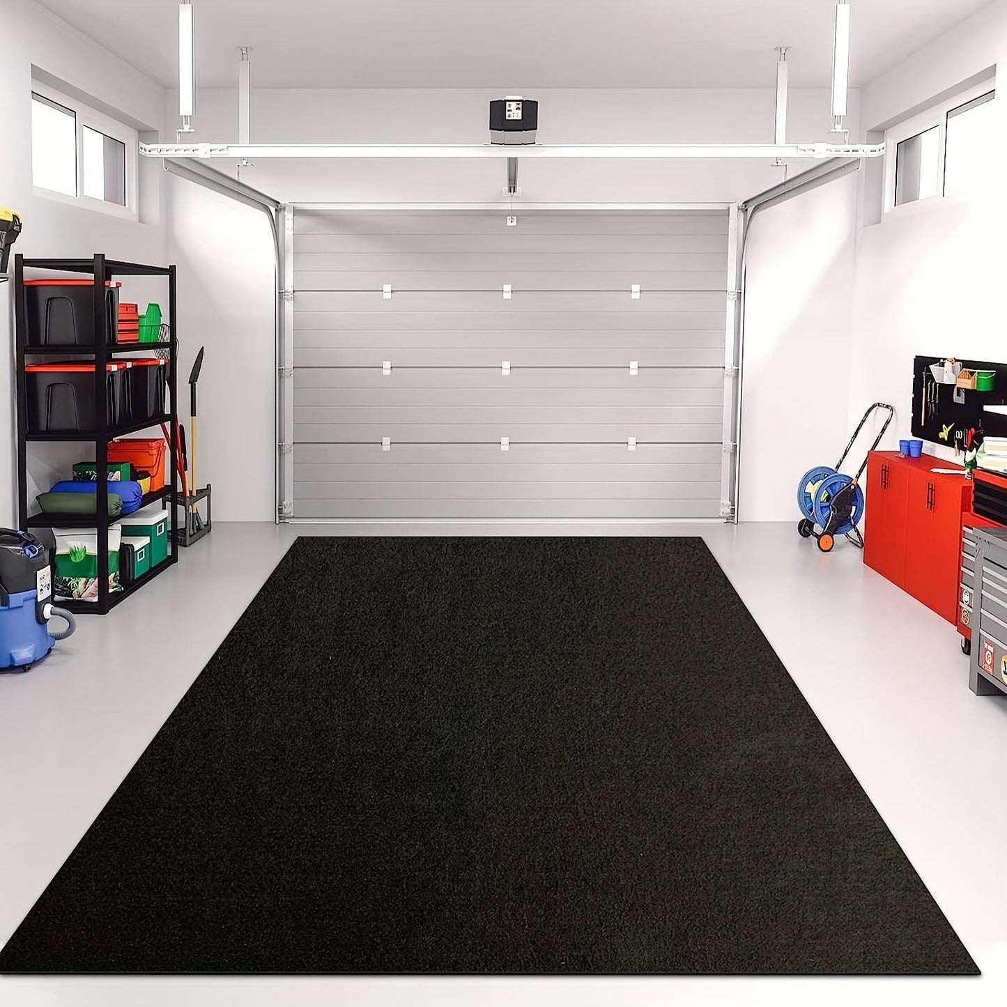 Large garage carpet rug to protect floor from spills, drips, splashes, and stains. Can be washed, cut to size, and is non-slip and waterproof.