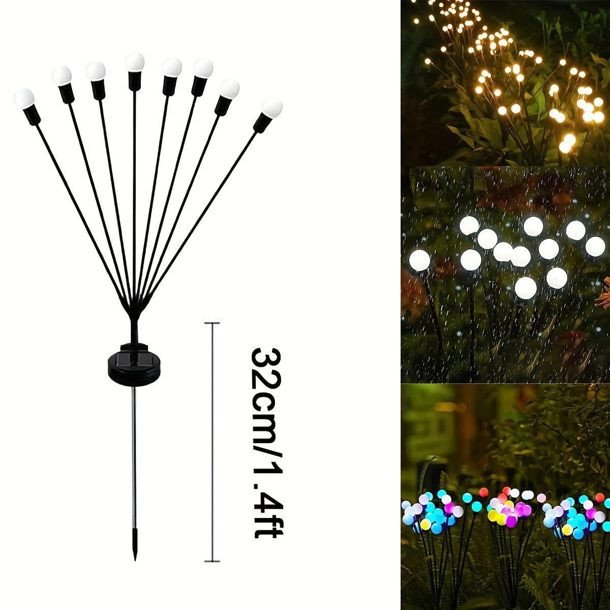 Solar LED firefly lights for outdoor garden decoration, ideal for parties, weddings, and landscapes. Available in packs of 4, 8, or 12 LEDs.