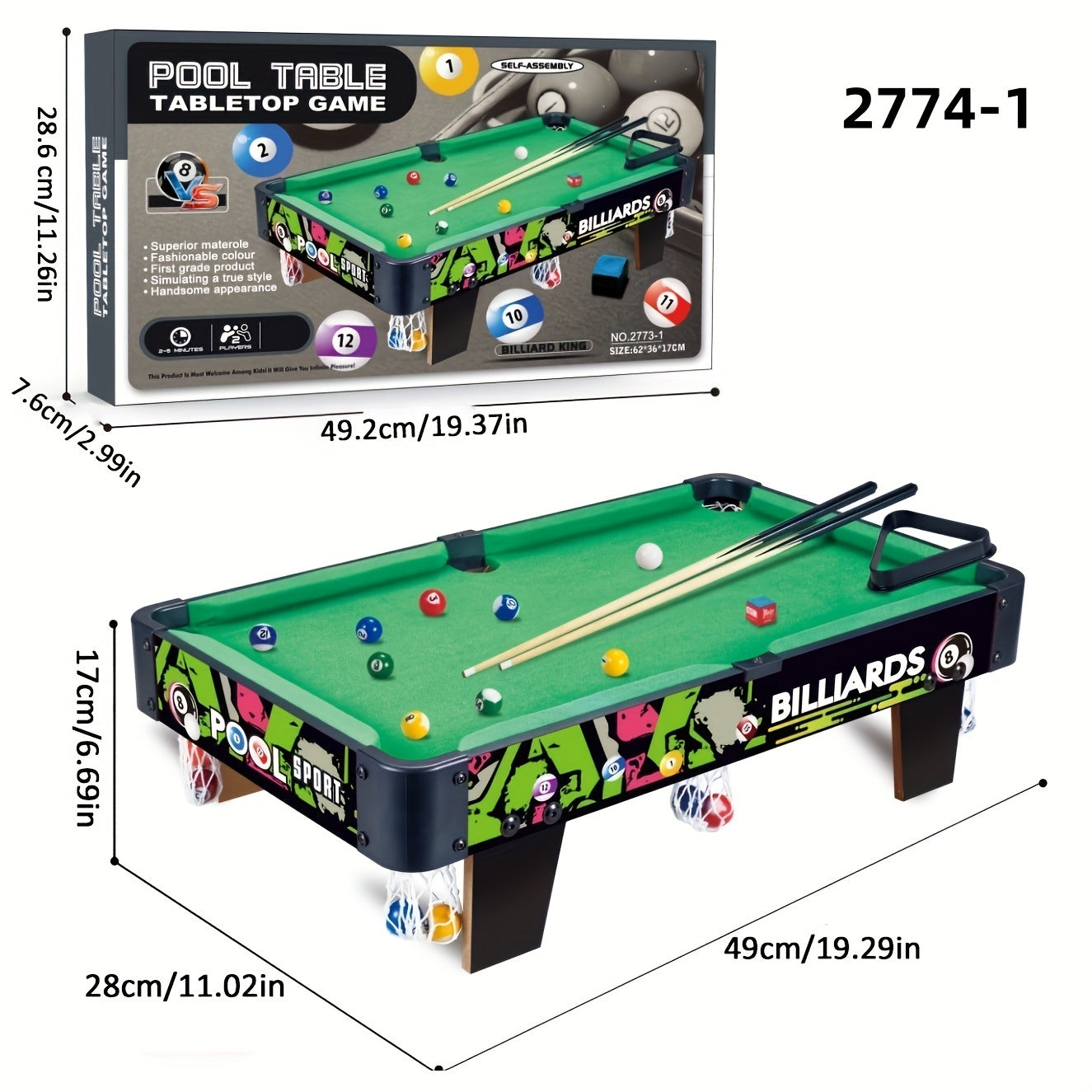 3 sizes of self-assembled pool tables with cues and 15 balls. Ideal for multiple players, made with a wooden frame for indoor fun.