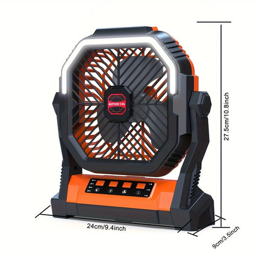 Portable Camping Fan with Rechargeable Battery, 4-Speed Settings, Lantern, Aroma Diffuser, Timer, and Fast Charging capabilities. Ideal for Camping, Beach trips, Home use, Office use, Job sites, and in case of Power Outages.