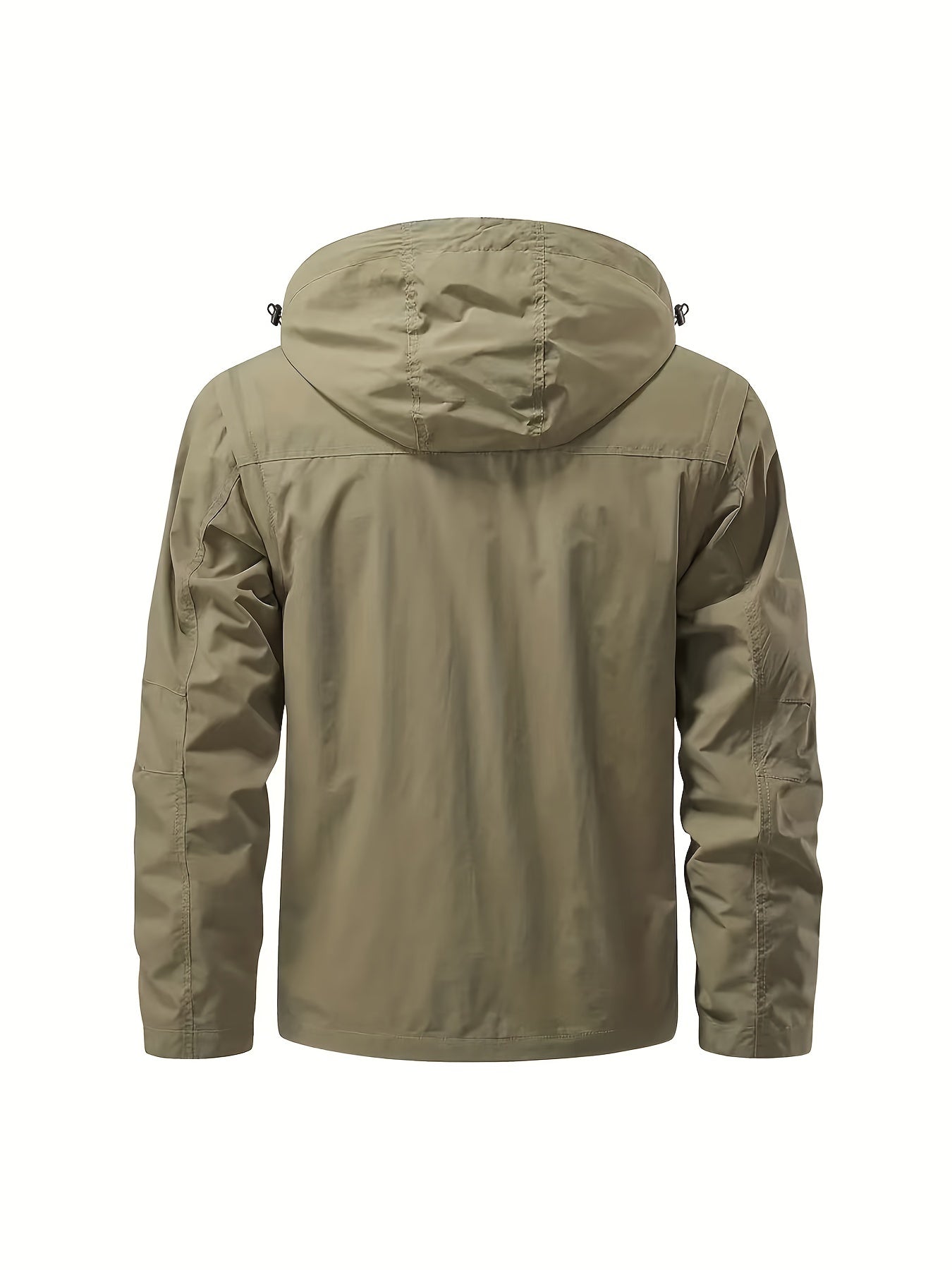 Eco-friendly men's windbreaker jacket with detachable hood and multiple pockets, perfect for outdoor activities.