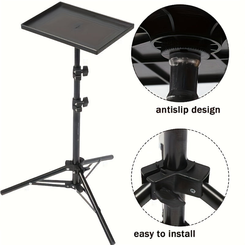 Adjustable tripod stand for projector made of carbon steel, suitable for cameras and laptops. Standard mount holder, does not include battery and is not wireless.