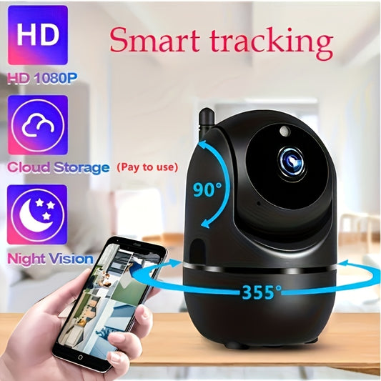 Wireless security camera with 1080P HD, auto-tracking, motion detection, night vision & two-way audio - perfect for home monitoring.