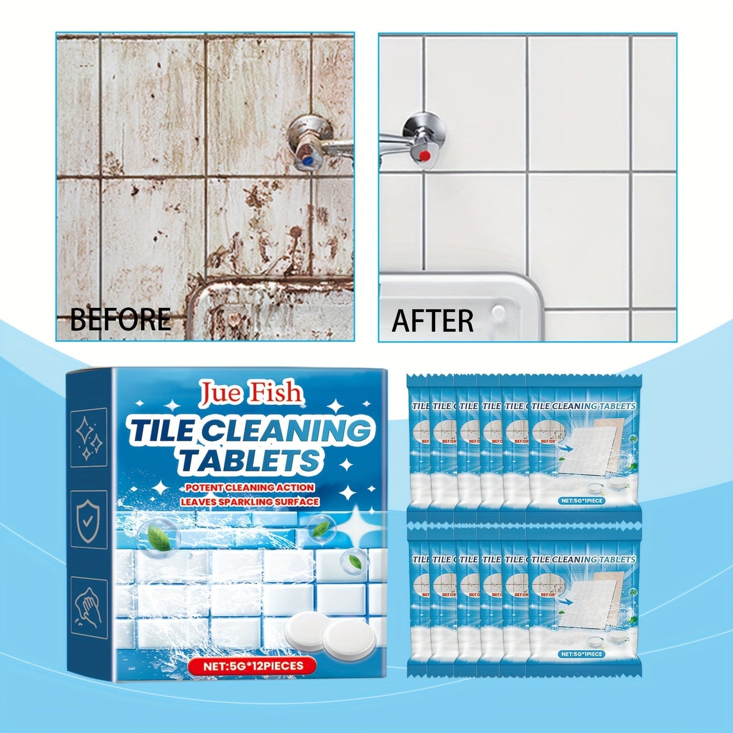 Effervescent tablets for cleaning tiles, suitable for use in the home, kitchen, toilet, washbasin, and walls. Effectively removes grime and scale, leaving tiles clean and bright.